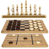 VAMSLOVE Wooden Chess Checkers Tic-Tac-Toe Game Set 11.5" x 11.5" Double-Sided 3 in 1 Board with 34 Chess Pieces - 2 Extra Queens - 24 Interlocking