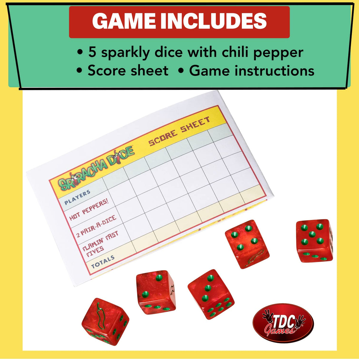 TDC Games Sriracha Dice Game - Flaming Fun for Everyone - Great for Party Favors, Families, Stocking Stuffers, Travel, and Camping