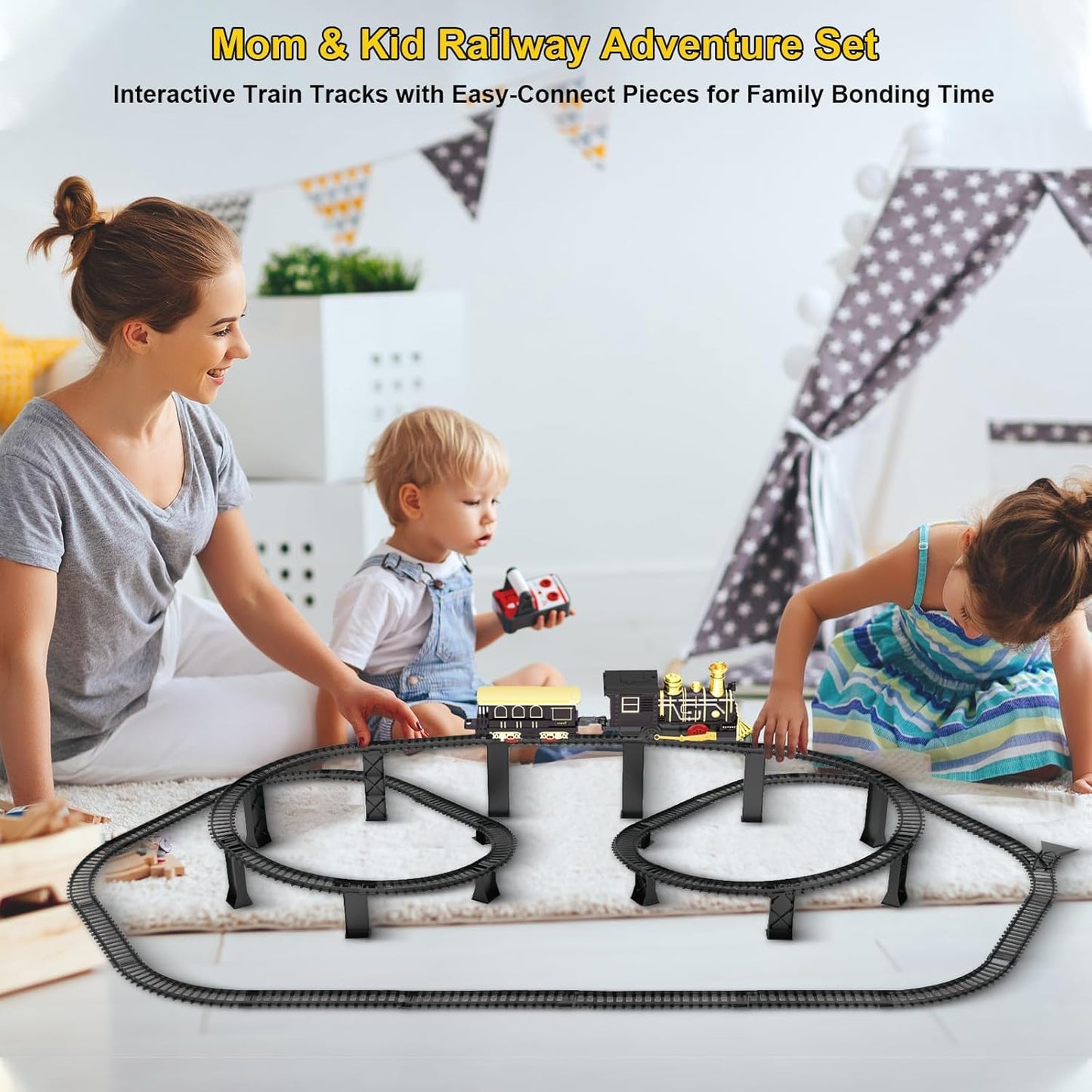 Electric Train Set with 3D Elevated Tracks Music, Locomotive Passenger Carriages, Lights & Quiet Mode Christmas Train for Kids Birthday Gift Holiday