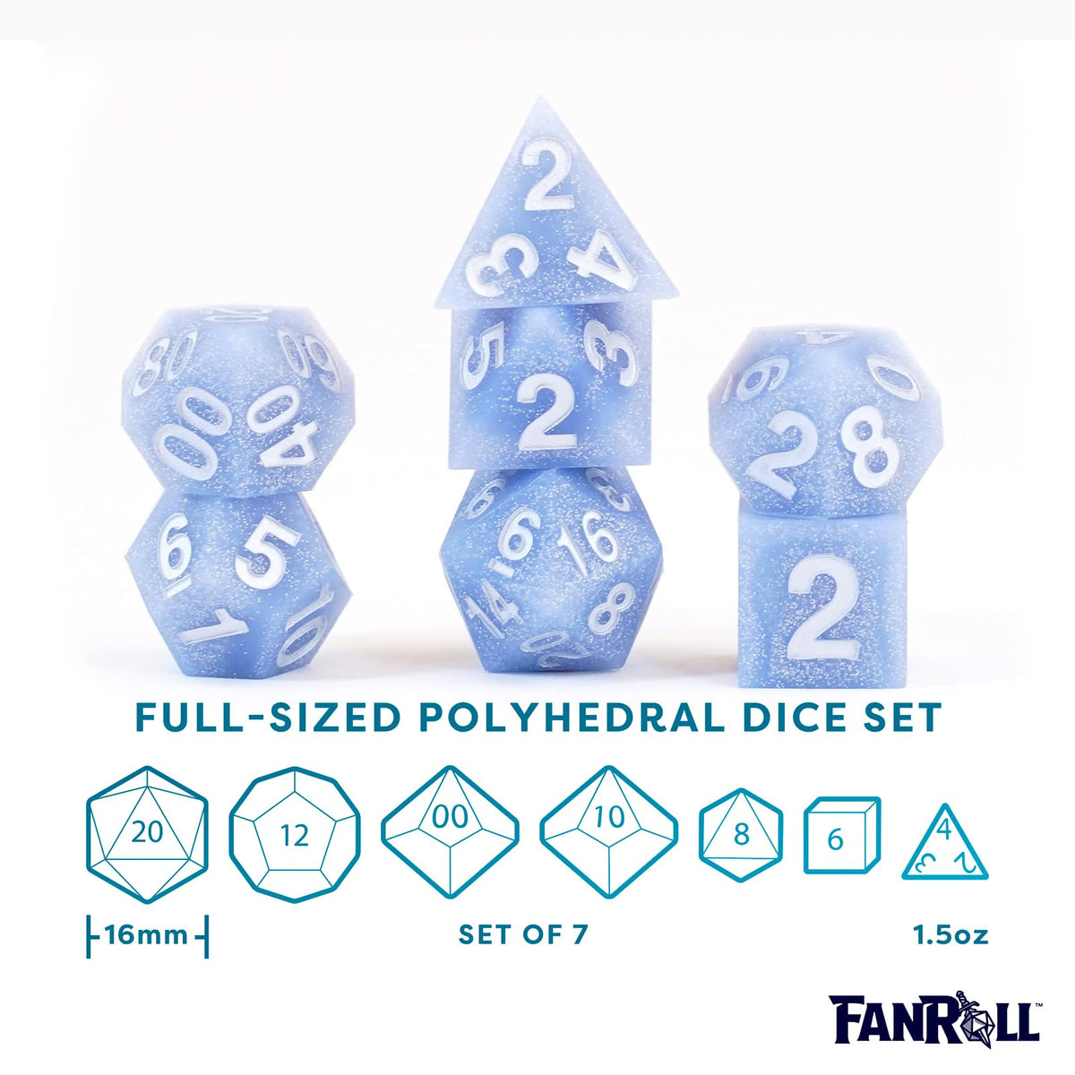 FanRoll 16mm Sharp Edge Silicone Rubber Poly DND Dice Set: Glacial Debris, Role Playing Game Dice for Dungeons and Dragons