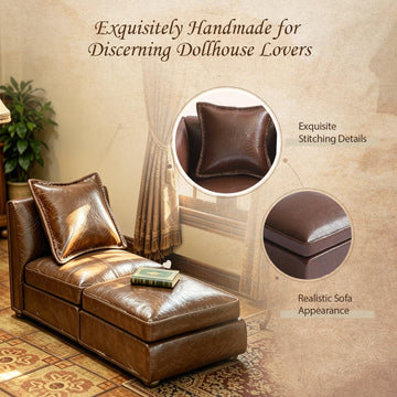 iLAND Dollhouse Furniture Sectional Dollhouse Couch Set Brown Faux Leather Sofa, Miniature Chair Doll House Furniture, Chic 1/12 Scale Miniature