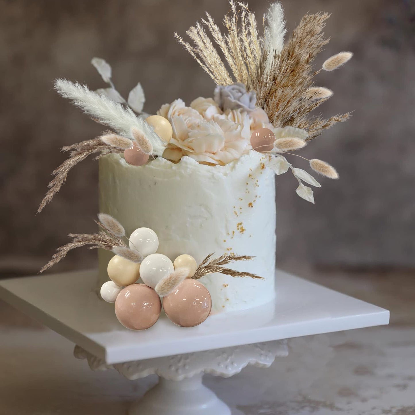 50 PCS Boho Cake Toppers Mini Balls Cake Topper Various Dried Pampas Grass Cake Decor for Boho Home Wedding Cake Decoration (White Apricot Light