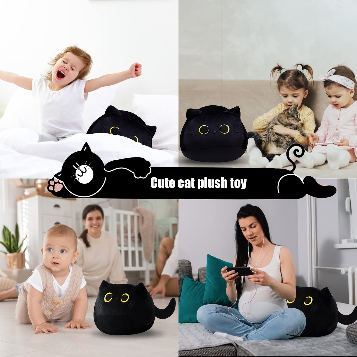 AudeRhine 10'' Cute Black Cat Plush Toys, Soft Pillow Squishy Plushies, Kawaii Cat Stuffed Animals for Home Decoration, Gift for Cat Lovers, Kids