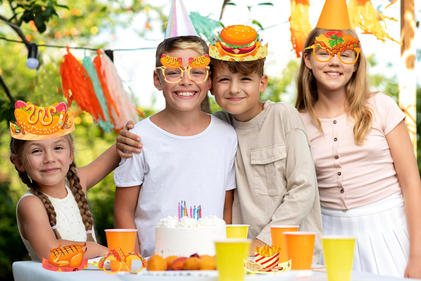 LFCFDX Fast Food Paper Hats, Glasses, and Ropes (48 Pcs) - Perfect for Fast Food Themed Parties, Birthday Parties, Classroom Activities, and More