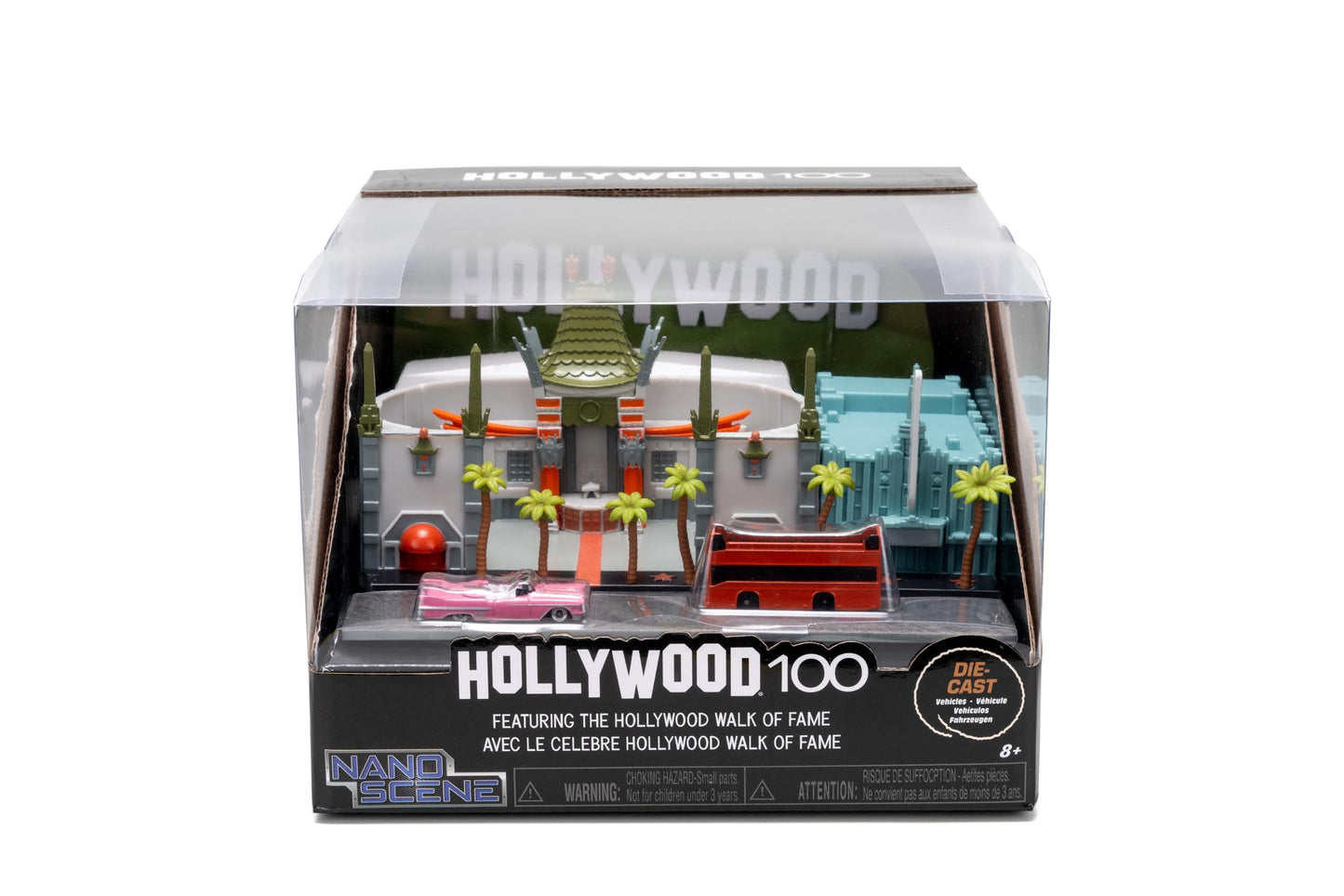 Jada Nano Hollywood Rides Walk of Fame Diorama w/ Hollywood Sign and 2 Vehicles (Double-Decker Tour Bus & 1958 Cadillac Series 62 Convertible), Toys