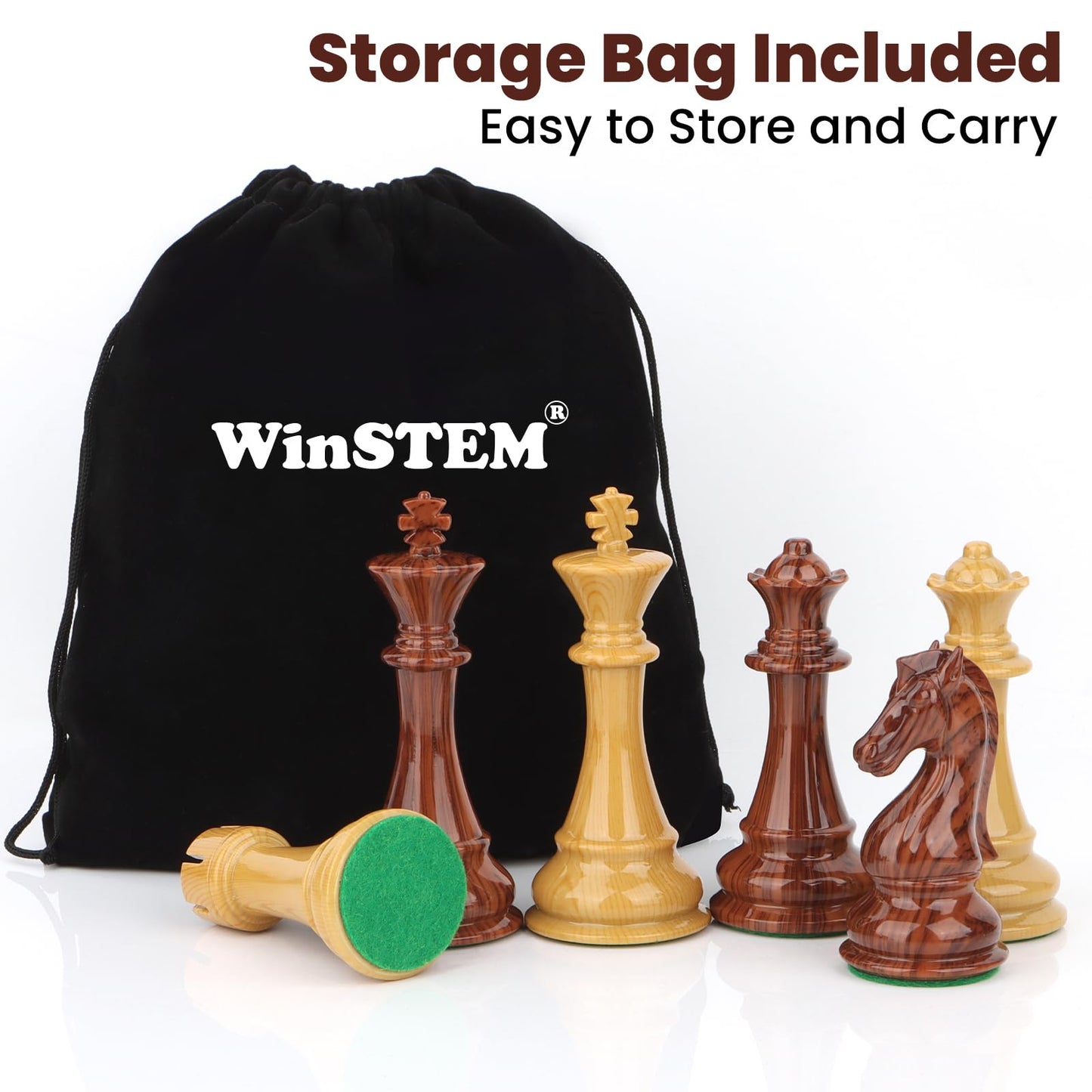 WinSTEM High Polymer Weighted Chess Pieces Only - 3.75'' King - Extra 2 Queens, Standard Tournament Chessmen for Chess Board Game or Replacement