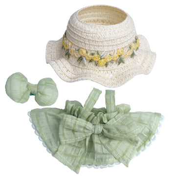 Fashion Outfit Set for 15-17 cm Collectible Figures - Green Dress, Straw Hat & Hair Clip, Figure Accessories Only