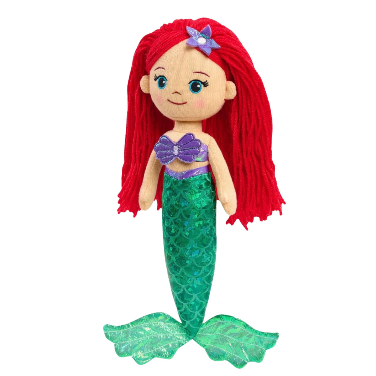 Disney Princess Ariel Soft Plush Yarn Doll, Red Hair, Holographic Green Mermaid Tail, 13 Inches