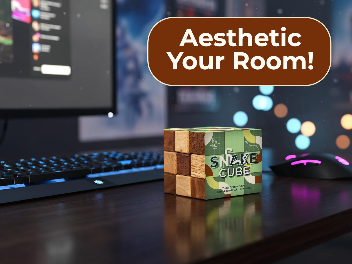 BSIRI Snake Puzzle Cube Classic Games (M Size) - 3D Mind Puzzles for Adults in Hand with Wooden Cube Designs of Magic Game for Educational Brain Games