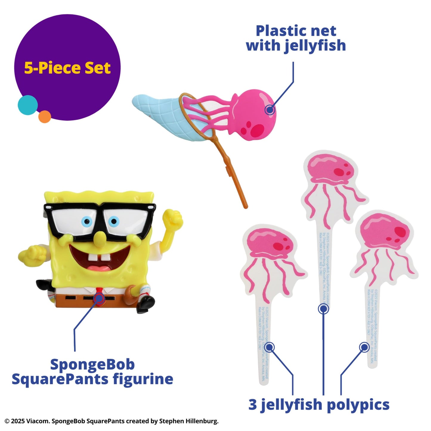 DecoPac SpongeBob SquarePants Cake Topper, Interactive 5 Piece Jellyfish Fields DecoSet Cake Decoration For Birthday & Celebrations, Food Safe