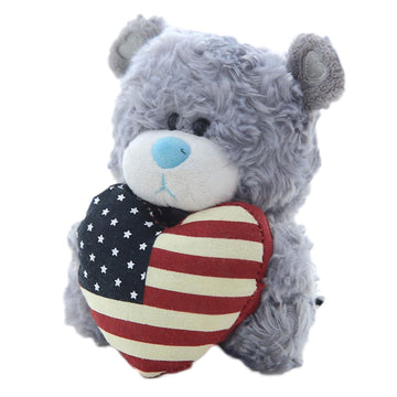 Plushland American Pillow Qbeba Bear, Plush Stuffed Animal Toy Holding a Heart Printed American National Flag, Celebrate Independence Day 4th July