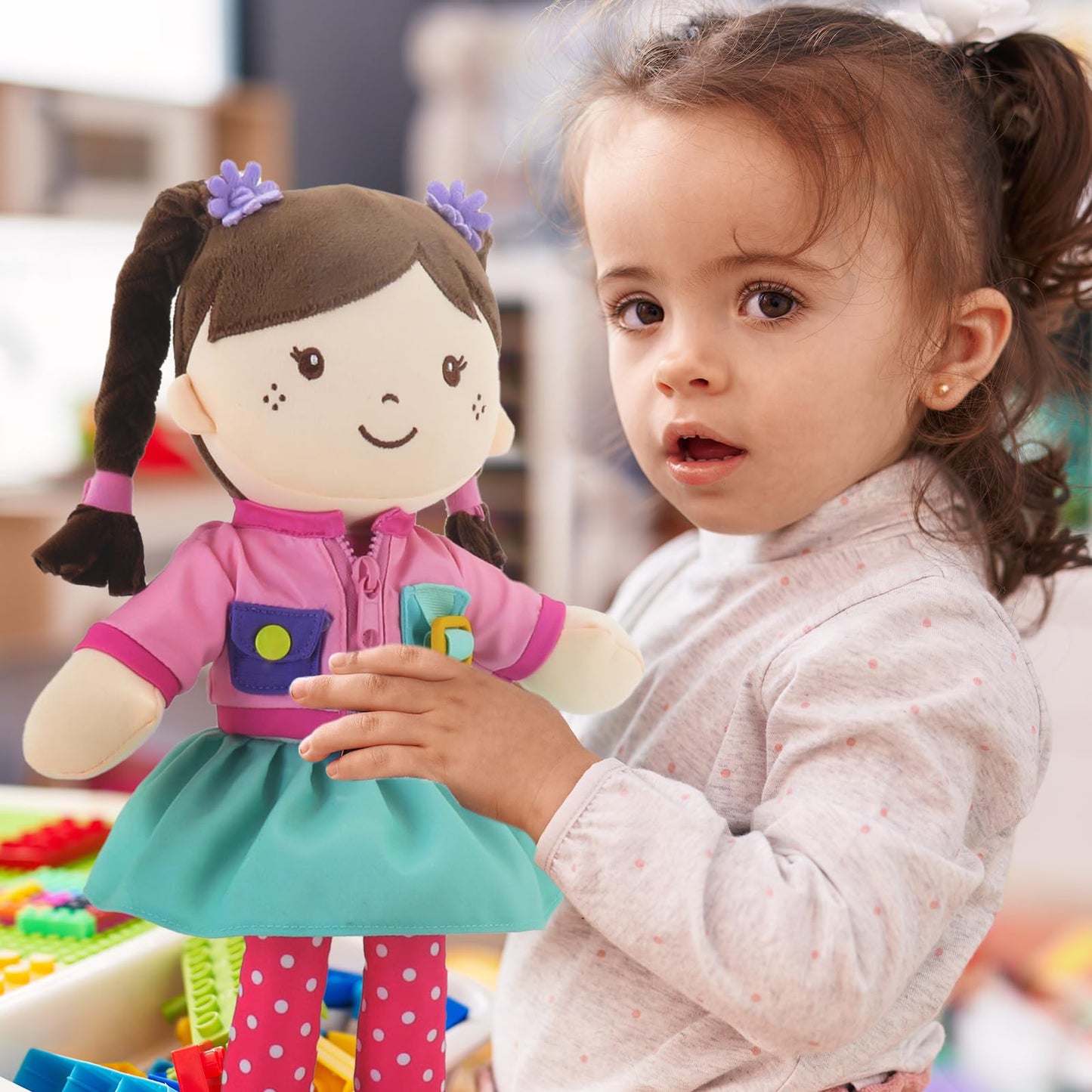 Linzy 15" Learn to Dress Stuffed Doll with Pink Jacket, Educational Montessori Doll for Toddlers, Soft Buckle Toy Gifts for 2 Year Old Girls