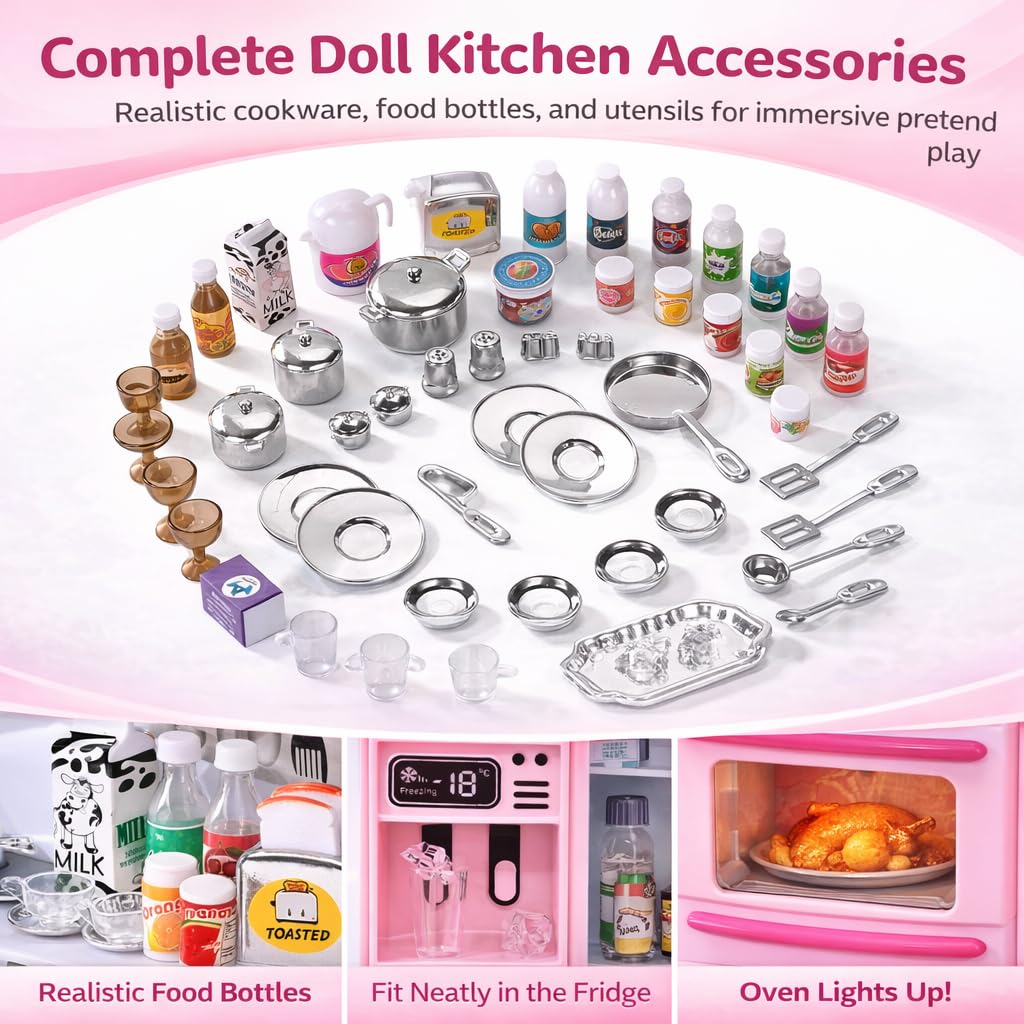 Doll Kitchen Playset for Kids, My Modern Mini Kitchen House Furniture Pretend Play Toy Accessories Set with Realistic Lights & Sounds for Toddlers