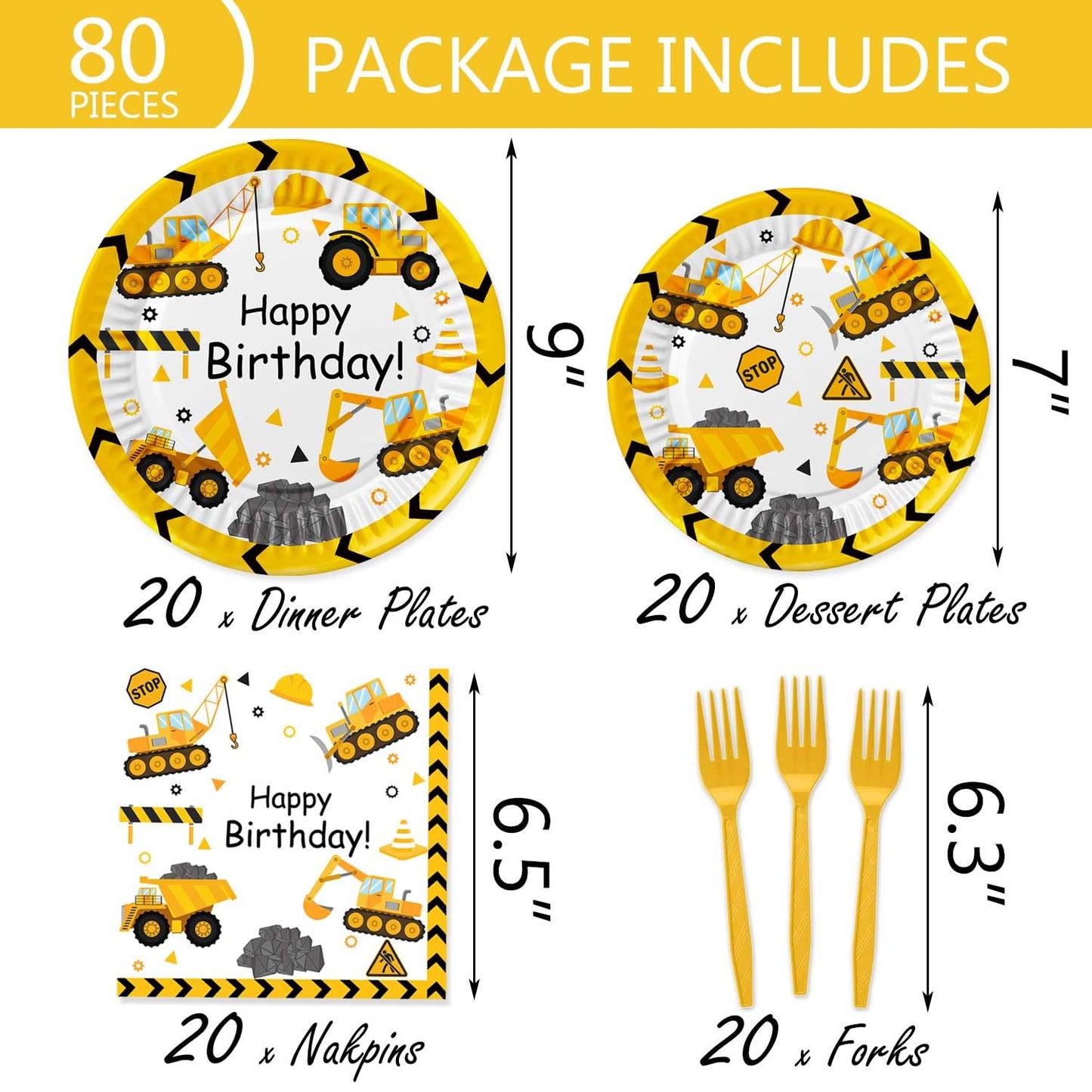 80 Pcs Construction Party Supplies Construction Disposable Paper Dinner Plates Napkins Forks Dinnerware for Dump Truck Theme Baby Shower 1st 2nd 3rd