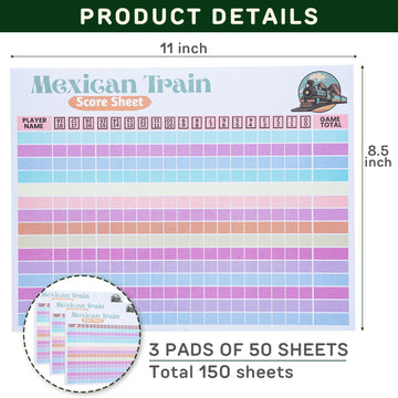 KAIU 3 Pads 150 Sheets Mexican Train Score Pads, Dominoes Score Sheets Colorful Chicken Foot for Family Game Nights, Up to 18 Rounds ? 8.5" x 11"?