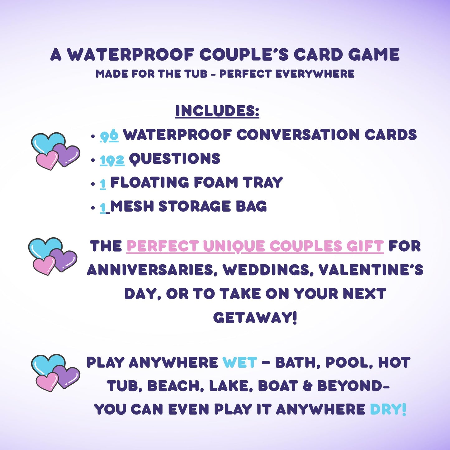 Tub Talks Couples Card Game - 192 Waterproof Date Night Conversation Starters for Couples | Romantic, Flirty & Fun Gift