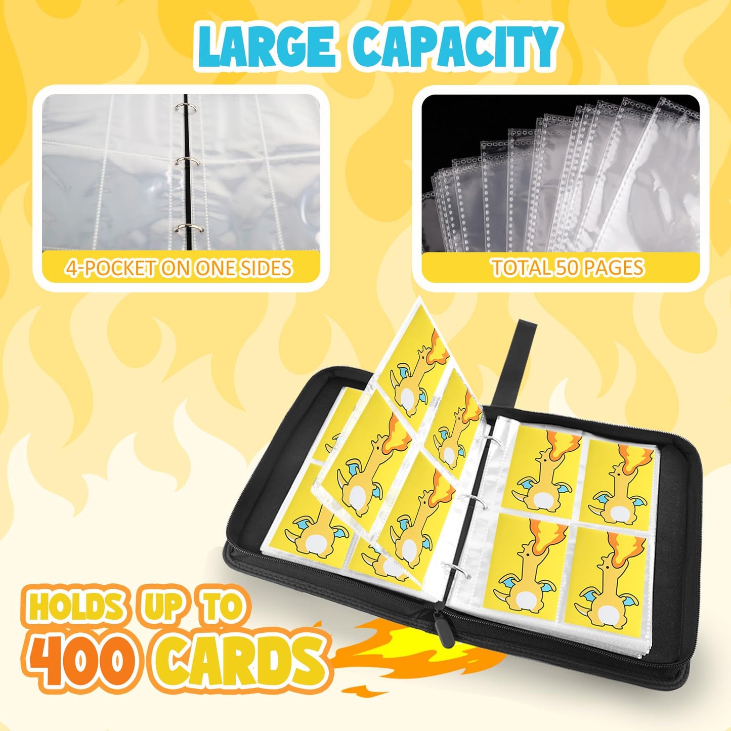 Premium Collectible Trading Card Albums?Card Binder Fits 400 Cards with 50 Removable Sleeves?Display Game Card Case book Holder, Fire Dragon Themes
