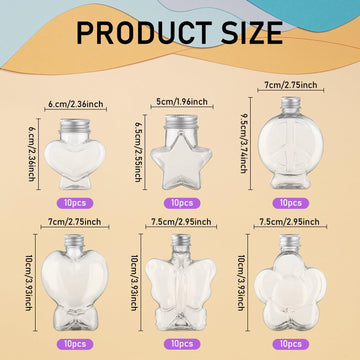 60Pcs Heart & Flower Shaped Plastic Bottles DIY Colored Sand Bottle Kit - Sand Art Activity Fun Party Supplies, 6 Styles
