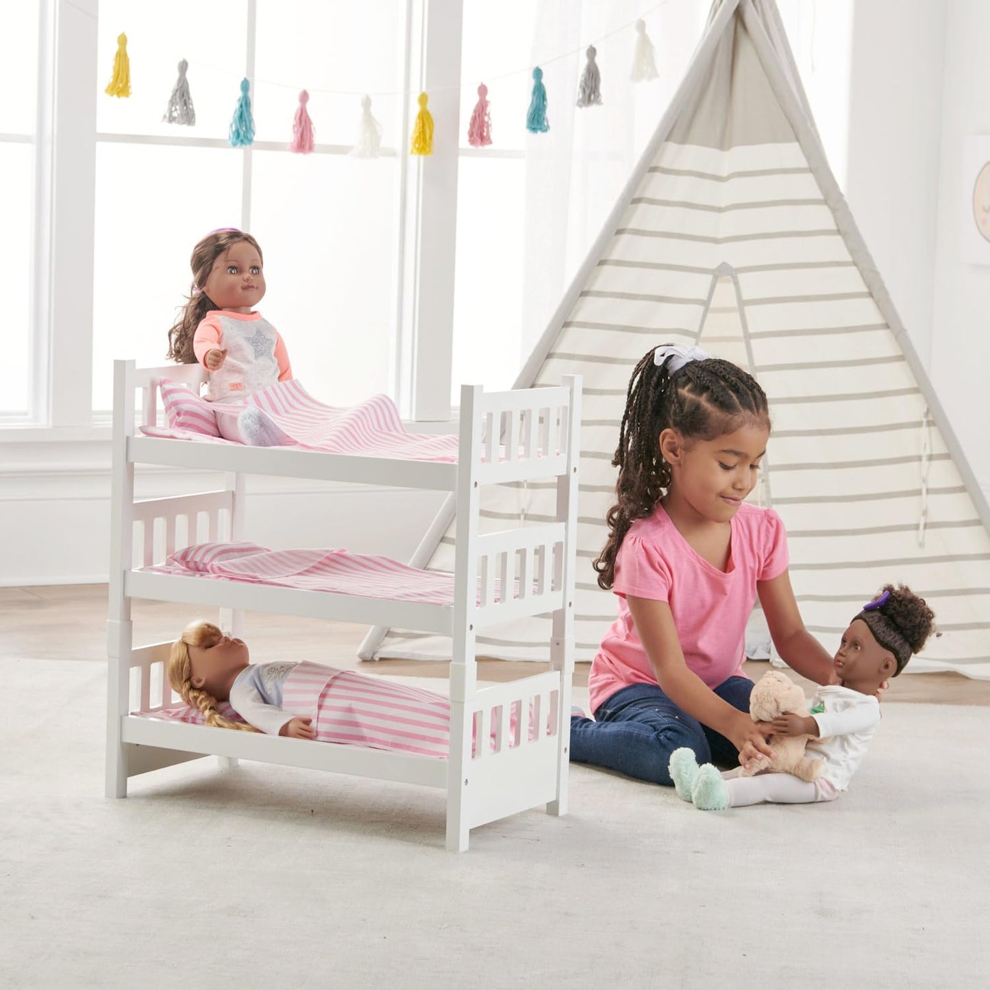 Badger Basket 1-2-3 Convertible Doll Bunk Bed - Pink Stripe Design with Bedding and Personalization Kit - Doll Crib Furniture for 18 to 20 Inch Baby