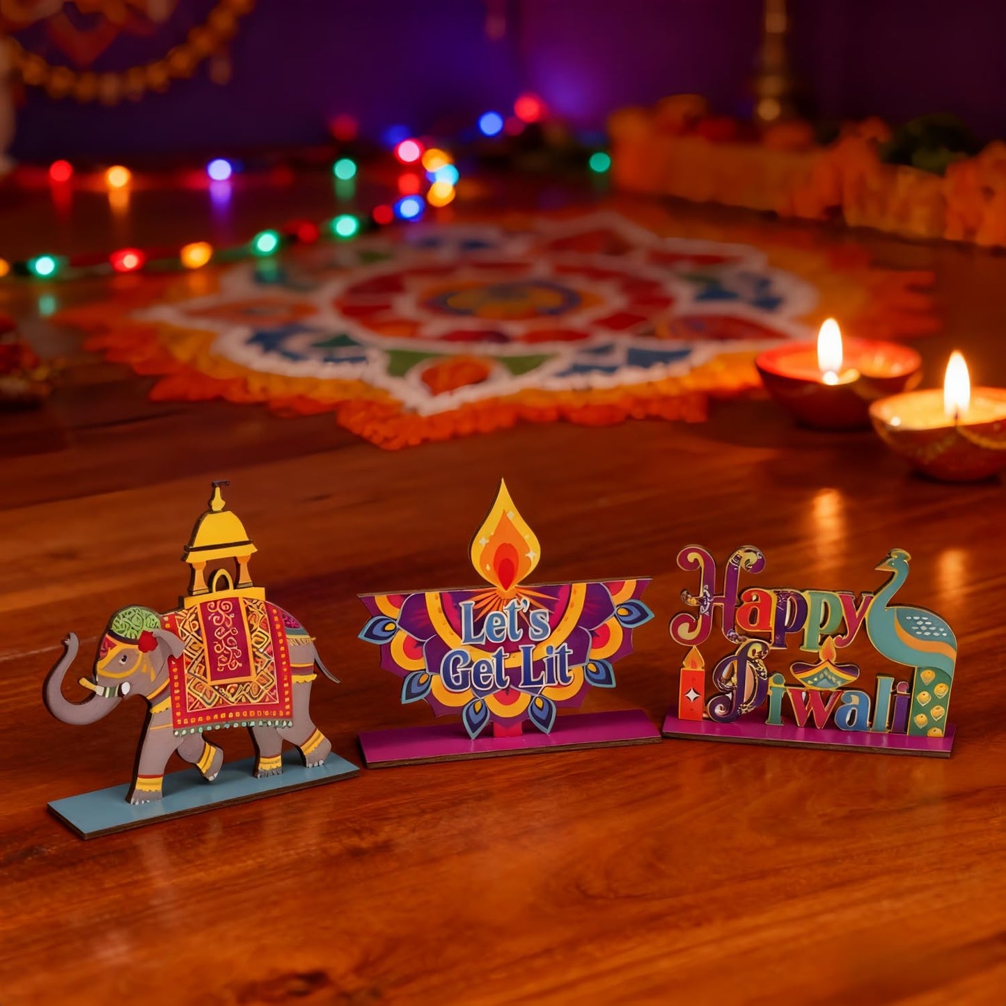 KYMY Diwali Wooden Table Decorations, 3 Pcs Deepavali Rangoli Wood Centerpieces, Festival of Lights Diyas Desktop Signs & Ornaments for Indian Hindu