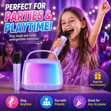 MJI Kiddos Kids Karaoke Machine with 2 Wireless Microphones, Bluetooth Speaker with Voice Changer & LED Lights, Portable Singing Toy Gift for Boys &