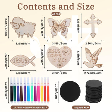 Danquanuan 48 Sets Sunday School Crafts for Kids, DIY Coloring Wooden Cutouts Magnets Watercolor Pens, Religious Gifts Christian Easter Crafts