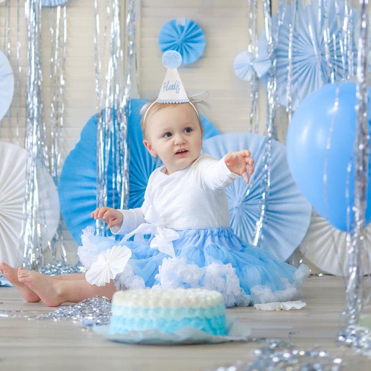 Kaniwati Boy Half Birthday Party Crown, Blue half Hat,Blue Half Birthday Embroidered Party Hat, Baby Decoration (BLUE-HALF-CXMZ)