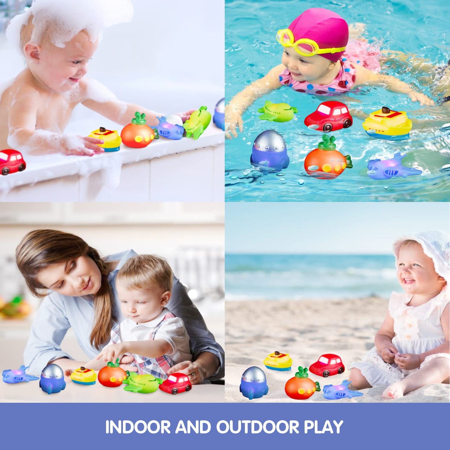 Light Up Bath Toys Transport Glowing Tub Toy with Auto Colourful Flashes Light 6pcs Floating Submarine Rocket Ship Car Airplane Aircraft Model Toy
