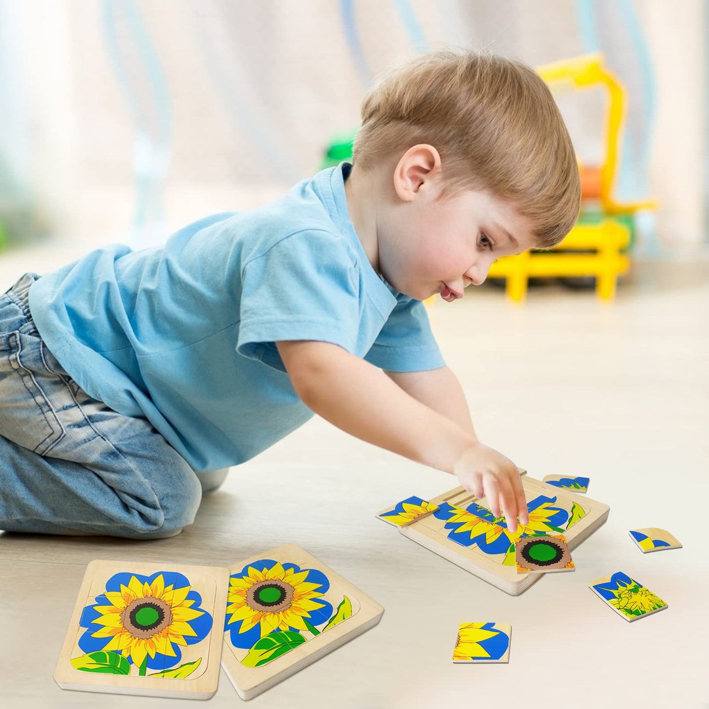 Montessori Wooden Puzzles for Kids Ages 4-8, 4 Layer Life Cycle Of Sunflower Jigsaw Puzzle for Toddlers, Children Preschool Learning Educational