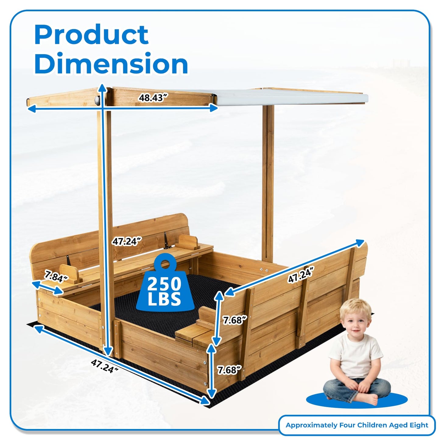 Mayugardening Large Wooden Kids Sandbox with Lid, Outdoor Weatherproof Sand Box with Covers, 2 Foldable Benches, Adjustable Height Canopy, Gift