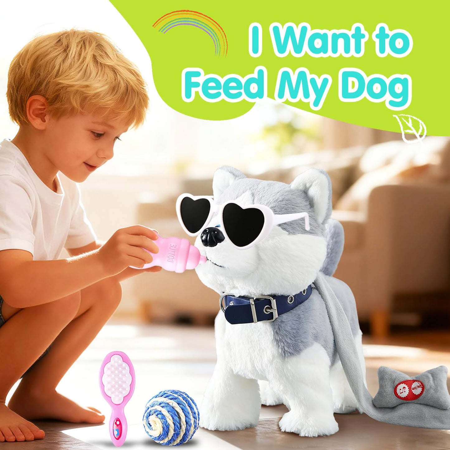 HCdoujoy Husky Walking Dog Barking Toy, Musical Singing Dancing Volume Control Interactive Puppy Walk Along with Leash, Wagging Tail Shaking Head