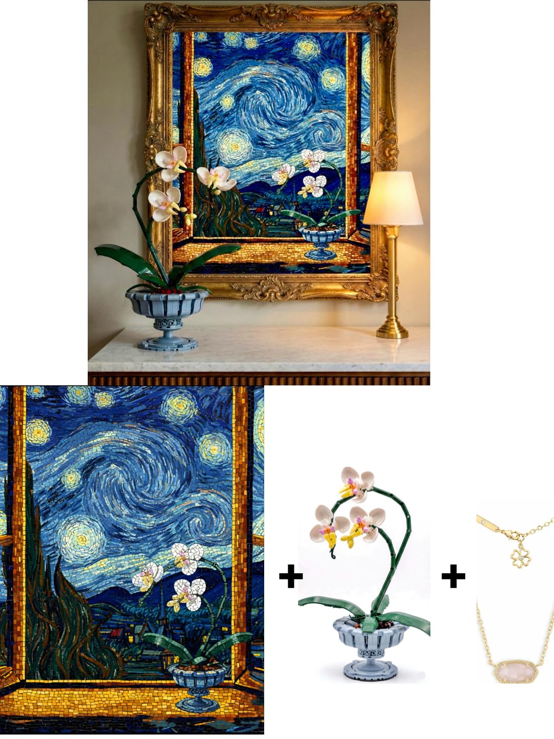 3in1Orchid Gift Set Flowers Orchid Building Blocks Compatible with Lego Botanicals for adults,Starry Night Puzzle & Gold Plated Necklace-Compatible