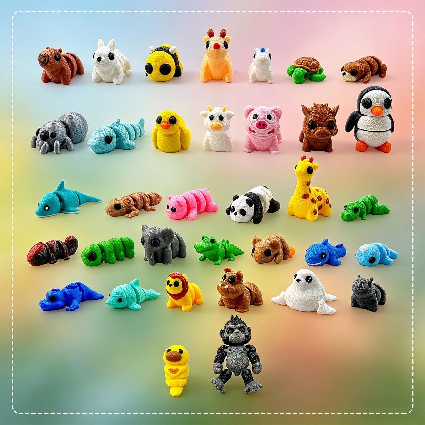QCHENKOMI 35pcs Mini 3D Printed Animal Figurines Set, Flexible Articulated Fidget Toys for Kids & Adults, Cute 3D Print Animals Bulk for Party Favors