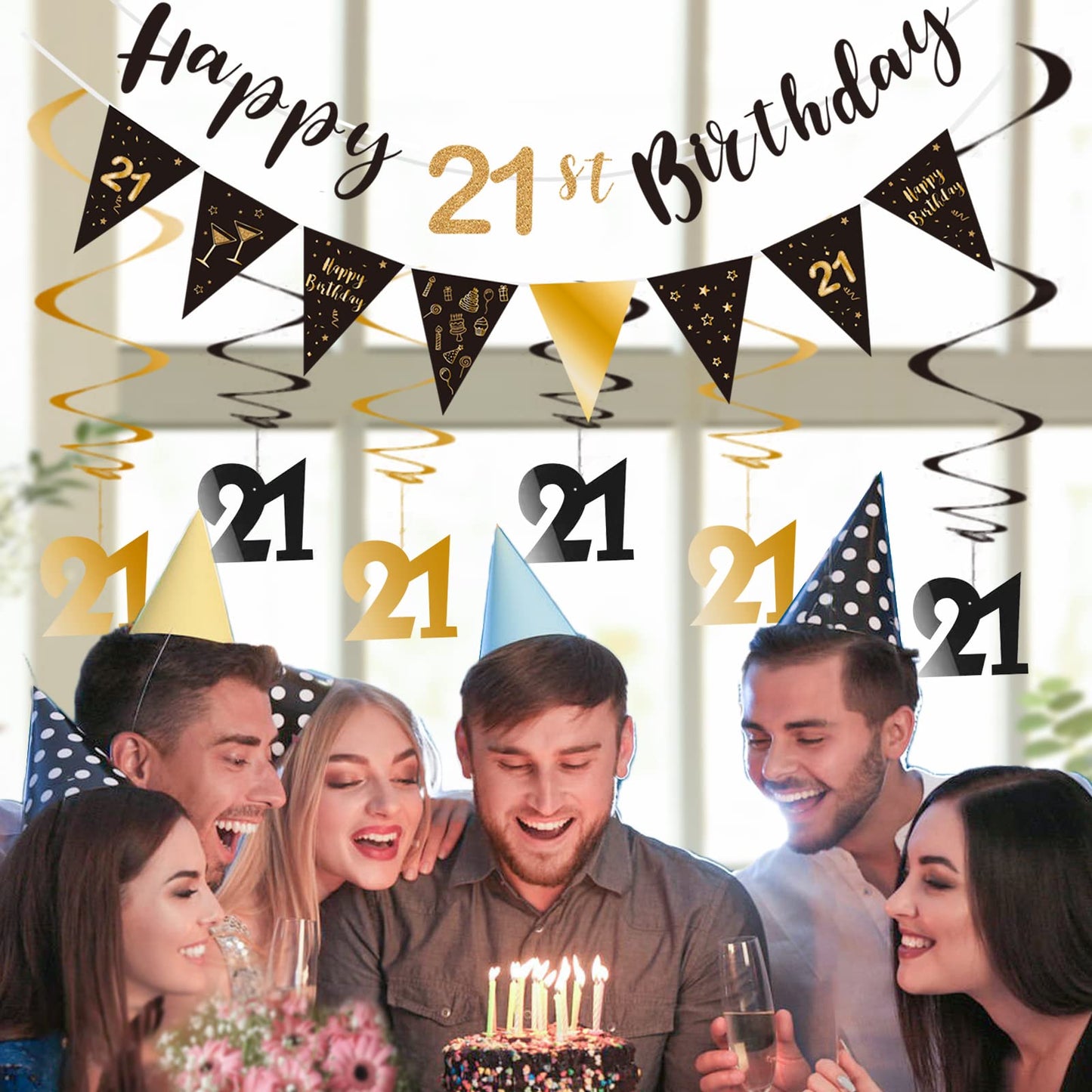 21st Birthday Decoration Kit - Happy 21st Banner Bunting Swirls Streamers, Triangle Flag Banner for Party Decorations - Black and Gold