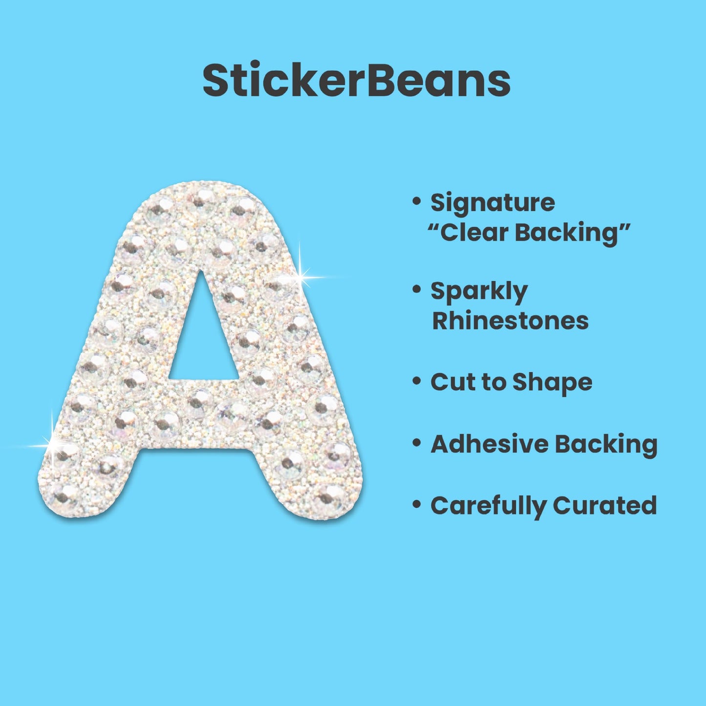 StickerBeans® Rhinestone Alphabet Sticker Sparkle Set - Approx. 3/4" Each, Unique Sparkly Designs, Cut-to-Shape Adhesive for Personalization