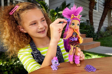 Mattel Cave Club Roaralai Doll (8 10-inch, Purple Hair) Poseable Prehistoric Fashion Doll with Dinosaur Pet and Accessories, Gift for 4 Year Olds and