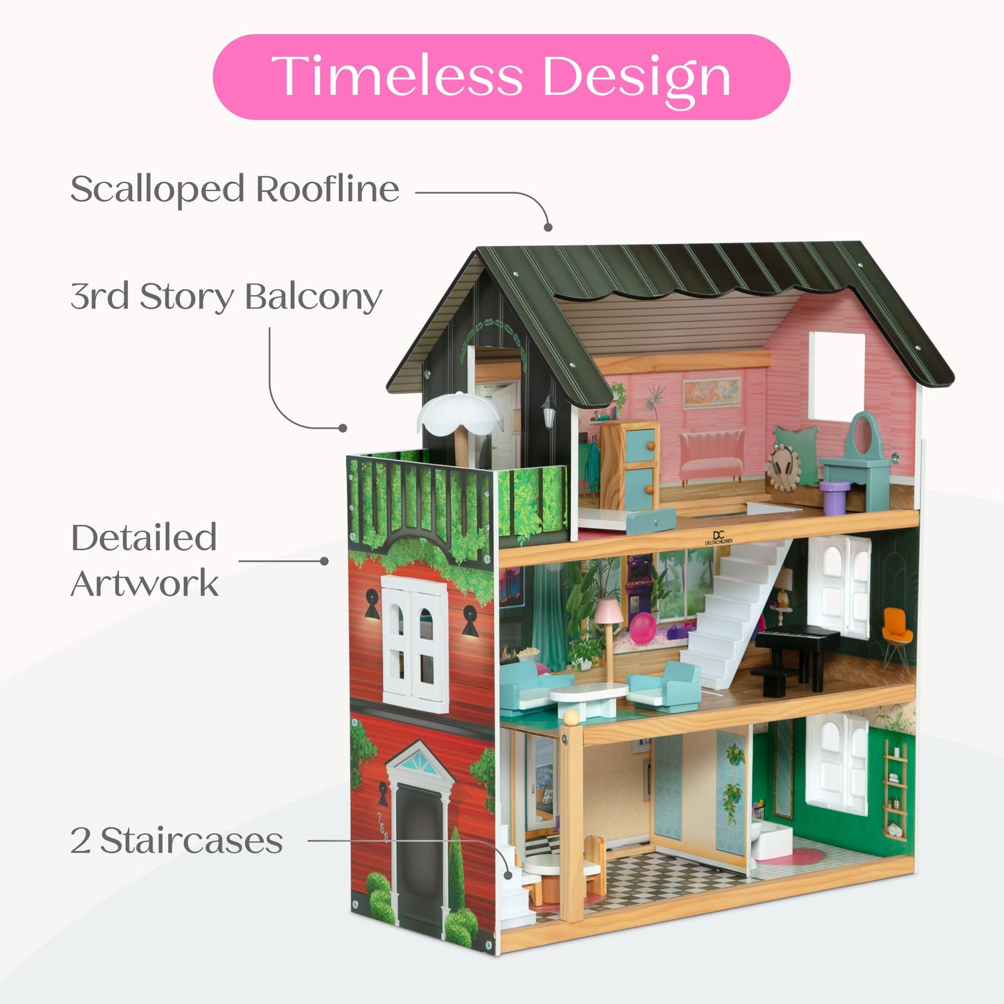 Delta Children South Beach Dollhouse - 3-Story Dollhouse with 4 Rooms - Includes 16 Accessories - Fits 5-inch Dolls - Pretend Play Dream Gift for Ages