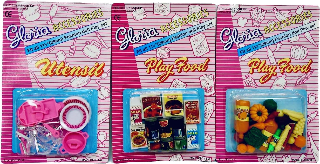 YMCtoys Gloria Dollhouse Furniture Accessories, Includes Plates, Cups, Utensils, Pots, Pans, Food Boxes, Can Food and Vegetables