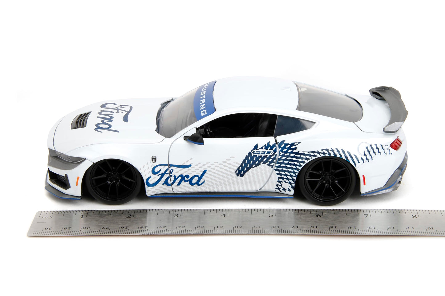 Jada Big Time Muscle 1:24 2024 Ford Mustang GT Dark Horse Die-Cast Car, Toys for Kids and Adults(White with Blue Horse Deco)