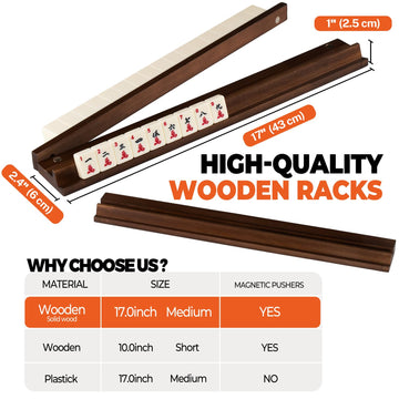MUTEX American Walnut Wood Mahjong Racks with Pushers, 4pcs Mahjong Racks Set for Mahjong/Mexican Train/Dominoes, Elegant Wooden Mahjong Tiles Racks