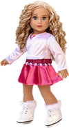 Ice Skating Girl - 4 Piece Ice Skating Outfit for 18 Inch Doll - Pink Leotard with Skirt, White Warmup Sweater and White Ice Skates - 18 Inch Doll