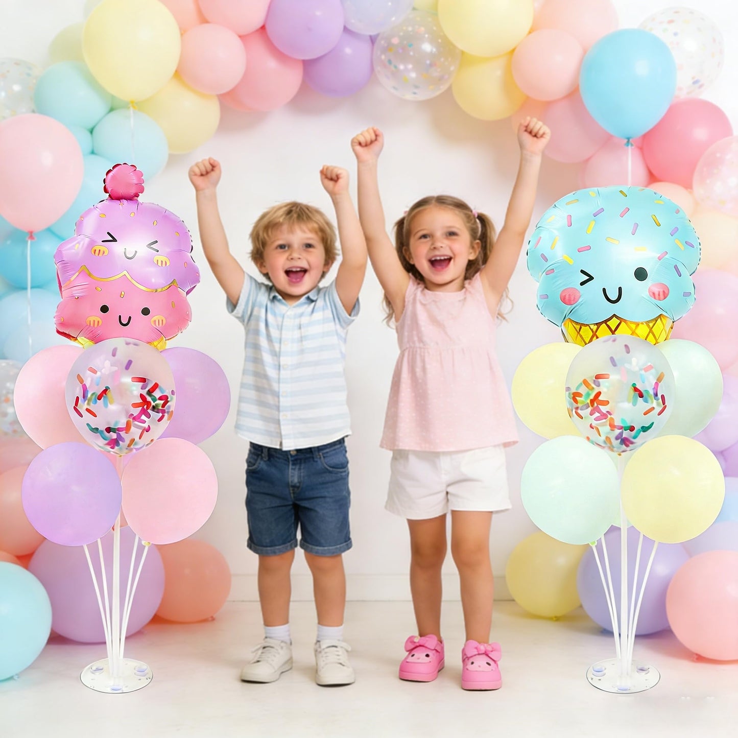 Ice Cream Party Balloons Stand for Table 2 Sets with 2 Ice Cream Foil Balloons 14 Pastel Latex Balloons for Sweet One Birthday Girl Baby Shower Party
