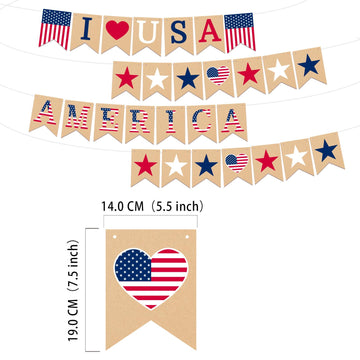 4th of July Banner Decoration, Pre-Strung Double-sided American Flag Paper Bunting, Red White Blue Independence Day Garland for Labor Day Veterans Day