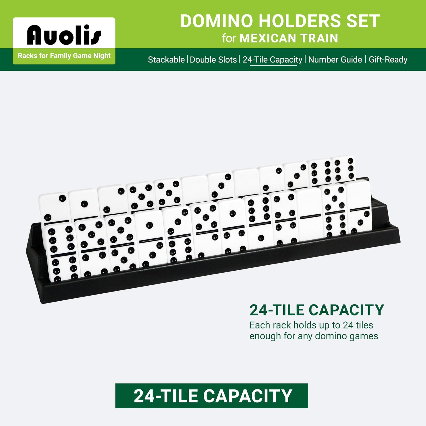 Auolis Domino Holders for Mexican Train, Set of 4 Stackable Trays, 24-Tile Capacity Each, Plastic Racks for Family Game Night