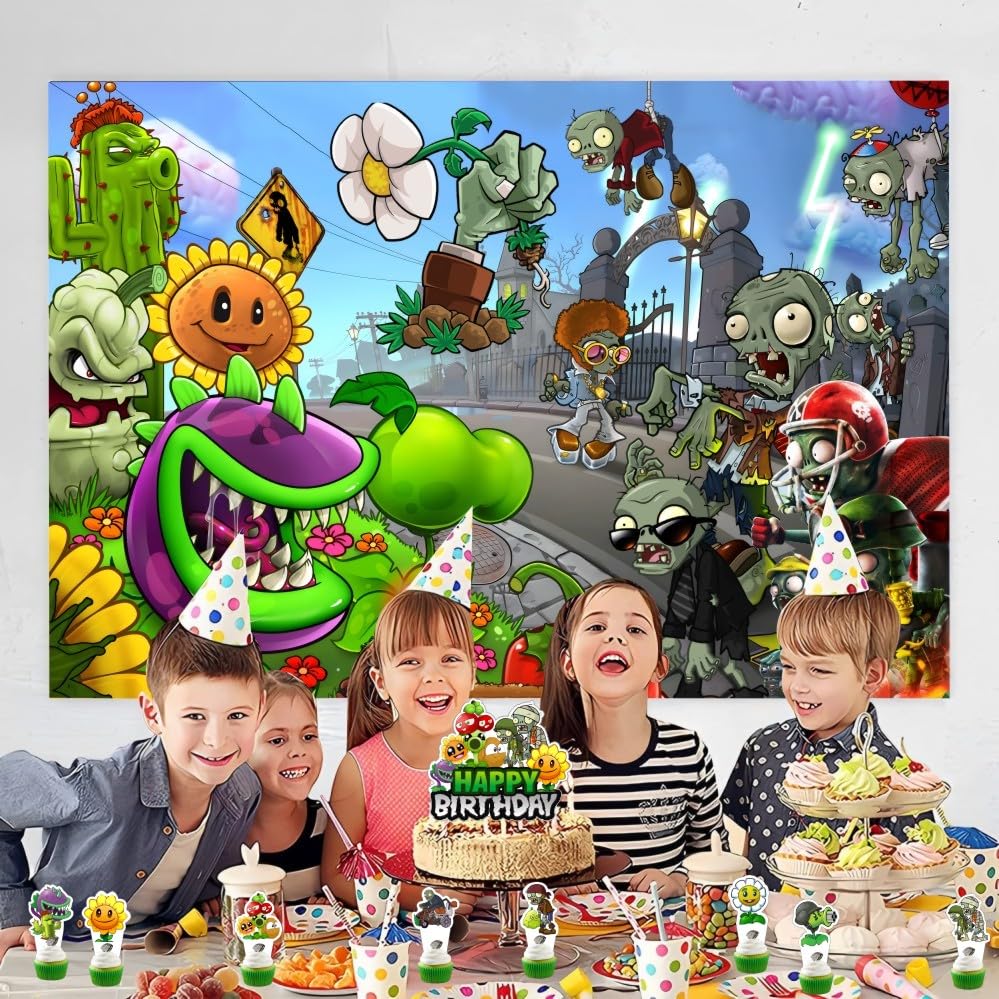 25Pcs Plants and Zombies Cake Decorations with 24pcs Cupcake Toppers, 1pcs Cake Topper for Kids Birthday Party Supplies