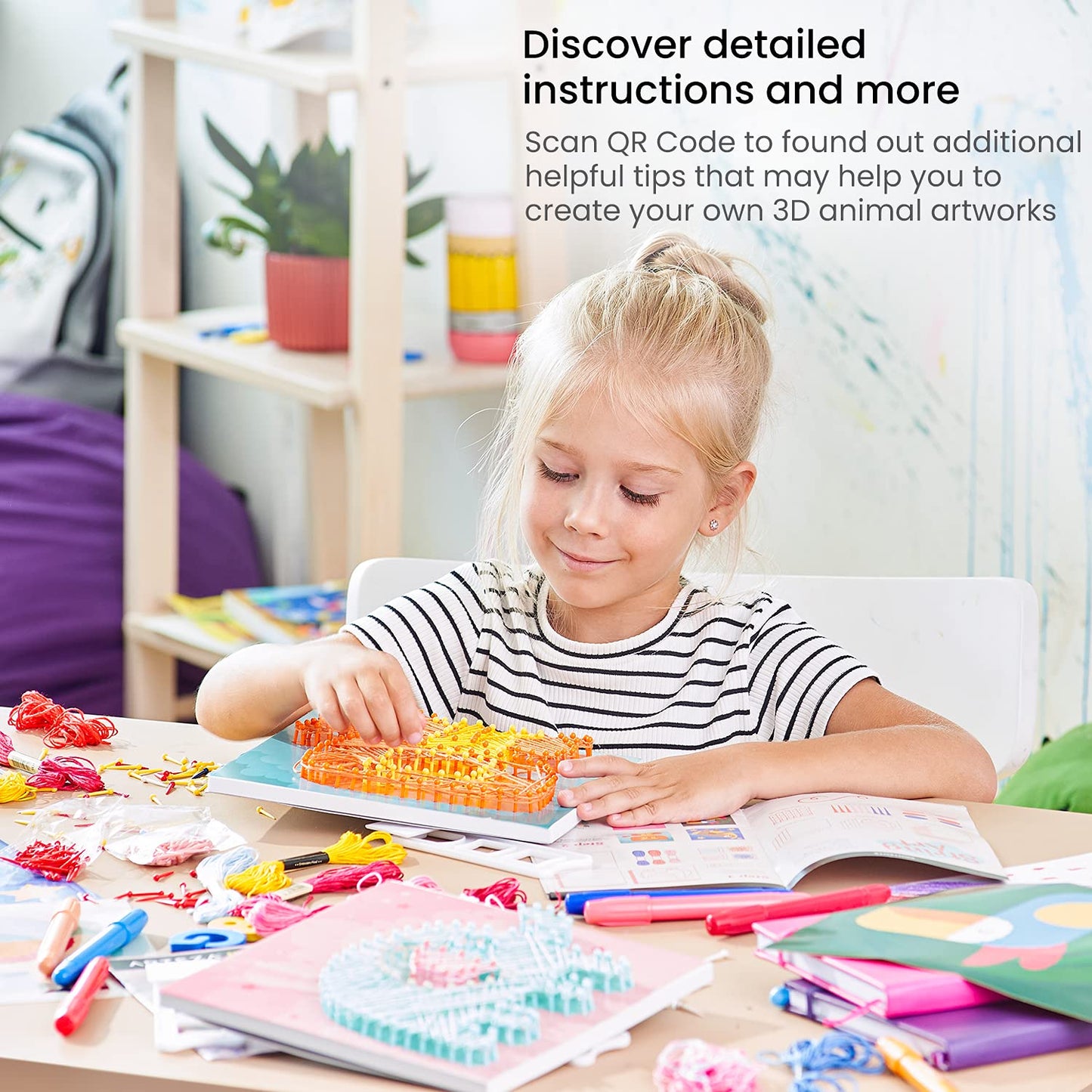 Arteza Kids String Art Kit - Set of 5 Animal Designs with Plastic Pushpins & Display Stands, DIY Craft Kit for Kids Art Projects and Activities
