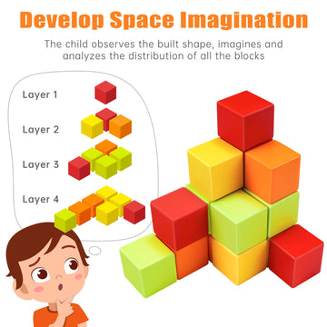 NiToy Wooden Cube Toy 16PCS Building Blocks for Kids 40 Pattern Cards and Storage Pouch, 4 Colors 3D Space Stacking Game STEM Educational Preschool
