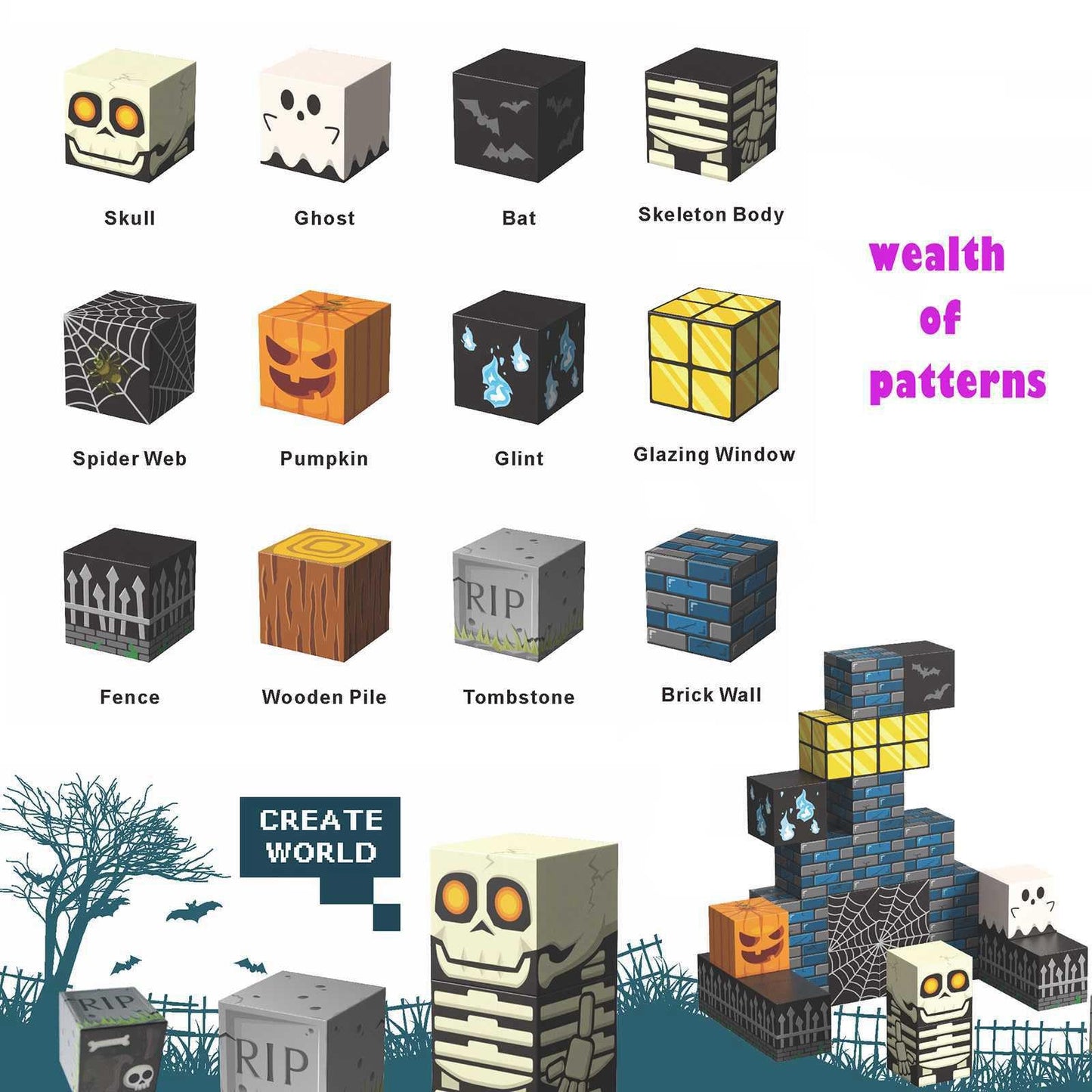 amdohai Magnetic Blocks Kids Skeleton Toy Spooky Town Building Magnetic Tiles Halloween Themed Toys Gift for Boys Girls & Adults