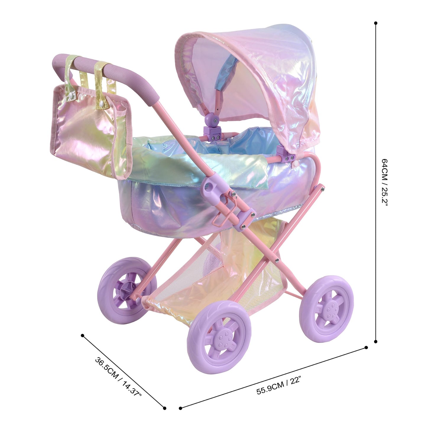 Olivia’s Little World Magical Shimmer Deluxe 2-in-1 Baby Doll Stroller with Matching Mini Diaper Bag, Iridescent Rainbow
