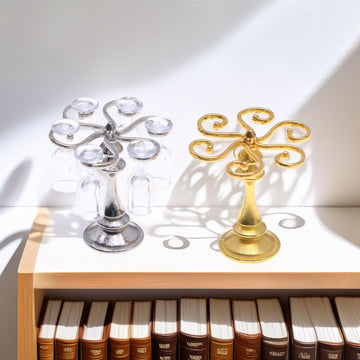 1:12 Scale Miniature Wine Glass Set with Metal Rack (Gold/Silver), 6 Clear Goblets, Elegant Dollhouse Dining Room & Bar Accessory for Collectors